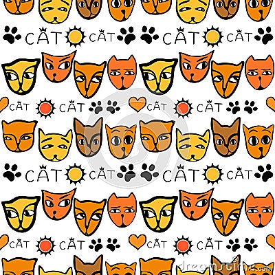 Striped pattern of cats` muzzles, in yellow and orange colors. Vector Illustration