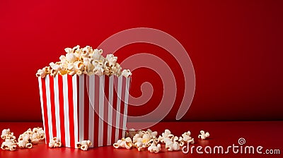 Striped popcorn box with buttered popcorn on red gradient background and empty space for design Stock Photo