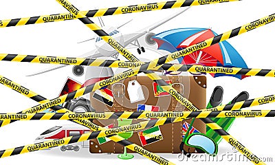 Striped protective tape prohibiting tourist trips abroad on vacation due to the coronavirus covid-19 epidemic vector illustration Vector Illustration