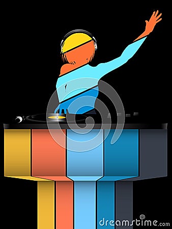 Female striped DJ silhouette and record decks on black and striped background Vector Illustration