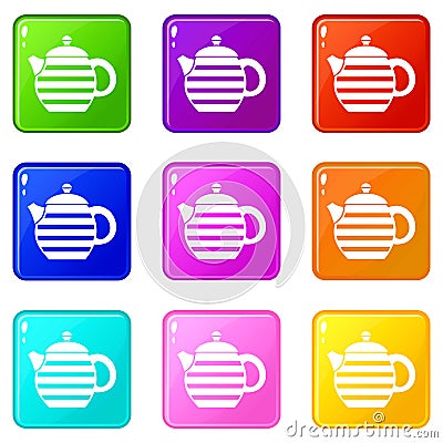 Striped teapot icons 9 set Vector Illustration