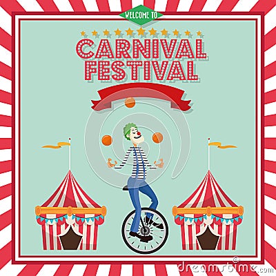 Striped tent and clown of carnival design Vector Illustration