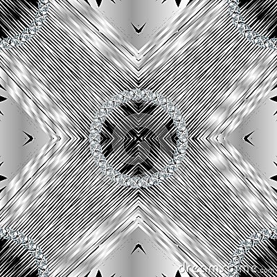 Striped textured silver 3d vector seamless pattern. Jewelry surface black and white grunge background. Silk repeat Vector Illustration