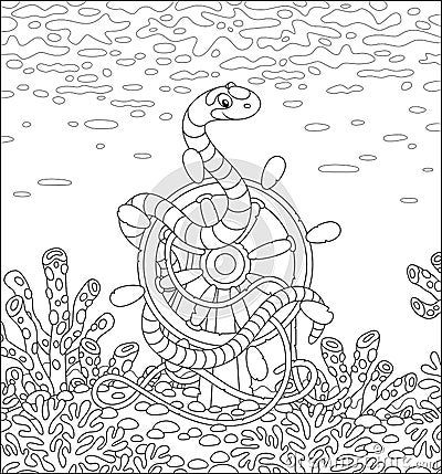 Poisonous sea snake on a helm among corals Vector Illustration