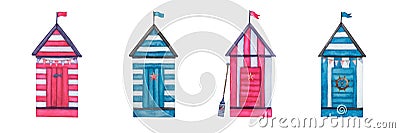 Striped wooden beach huts. Stock Photo