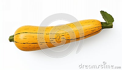 Striped yellow zucchini with fresh green leaf on white Stock Photo