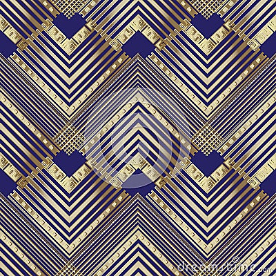 Striped zigzag geometric vector seamless pattern. Ornamental zig zag background. Geometry repeat dark blue backdrop. Gold lines, Vector Illustration