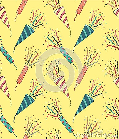 Stripped and dotted confetti petards seamless pattern on yellow background Stock Photo