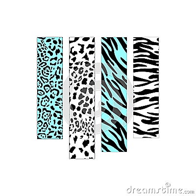 Strips of exotic animal textures. Cheetah, leopard, tiger, Zebra. Wild style. black and turquoise. Fashion print. Set Vector Illustration