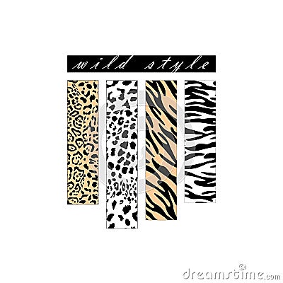 Strips of exotic animal textures. Cheetah, leopard, tiger, Zebra. Wild style. Fashion print with text. Set of Animal abstract text Vector Illustration