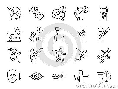 Stroke icon set. It included blood vessel, heart attack, illness, medical, and more icons. Editable Vector Stroke. Vector Illustration