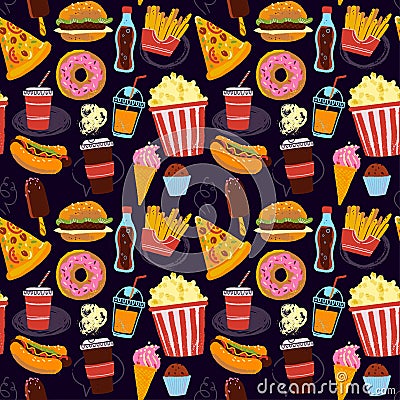 Vector seamless pattern with tasty fast food illustration - donut, pizza, burger, hot dog, coffee to go - isolated on black backgr Vector Illustration