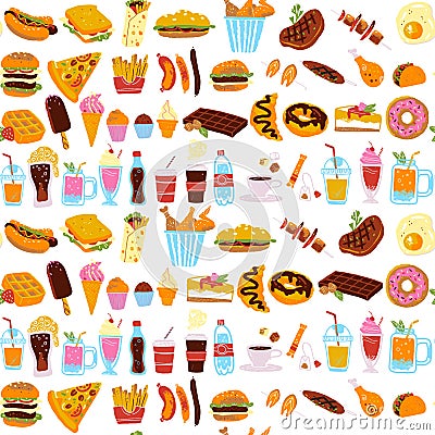 Vector seamless pattern with tasty fast food illustration - donut, pizza, burger, hot dog, coffee to go - isolated on white backgr Vector Illustration