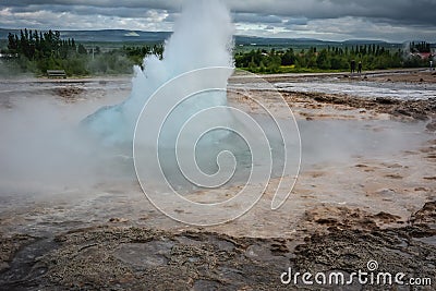 Strokkur geyser about to erupt in Iceland Stock Photo