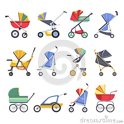 Stroller or baby pram models vector icons Vector Illustration