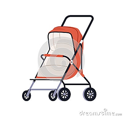 Stroller, summer pushchair. Baby buggy carriage. Empty pram seat, foldable carrier for newborn children. Kids transport Vector Illustration