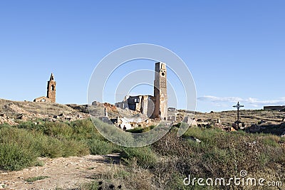 Strolling through the old town of Belchite in the province of Zaragoza, in ruins because of the Spanish civil war, Spain Stock Photo