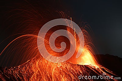 Strombolian eruption volcano Stromboli erupting Stock Photo