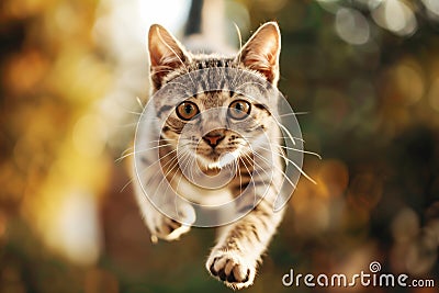A strong active healthy cat playfully jumping towards the viewer with a blurred background depth of field Stock Photo