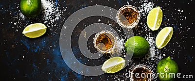 Strong alcoholic drink with salt and lime, dark background, top Stock Photo