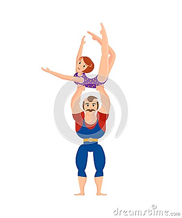 Strong athlete shows exercises for strength, supporting girl acrobat in air. Vector Illustration