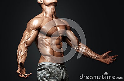 Strong Athletic Man Fitness Model Torso showing six pack abs. Stock Photo