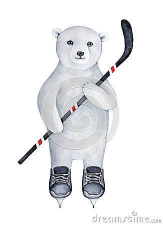 Strong athletic polar bear cub dressed in black ice skating uniform Stock Photo