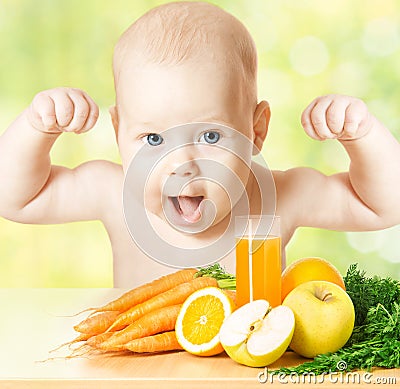 Baby Vitamin Fruit Juice, Strong Child Healthy Meal, Kids Vegetables Food Stock Photo