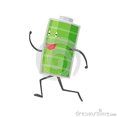 Strong battery man running. Charging indication. Full charged green battery. Element of alternative energy. Vector Vector Illustration