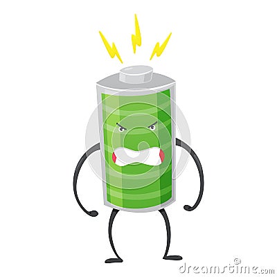 Strong battery man standing and shows his muscles. Charging indication. Full charged green battery. Element of Vector Illustration