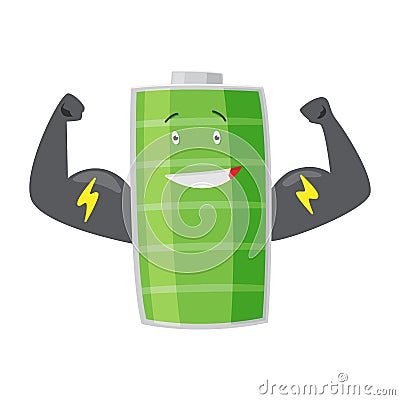 Strong battery man standing and shows his muscles. Charging indication. Full charged green battery. Element of Vector Illustration