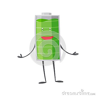 Strong battery man standing and shows his muscles. Full charged green battery. Element of alternative energy. Vector Vector Illustration