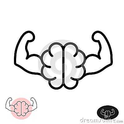 Strong brain concept. Line style brain showing muscle arms. Vector Illustration