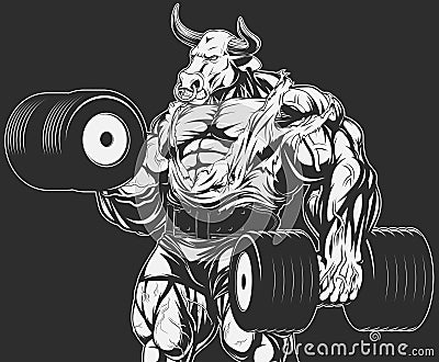 Strong bull with dumbbells Vector Illustration