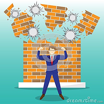 Strong Businessman In Front Of Breaking Brick Wall Stock Photo