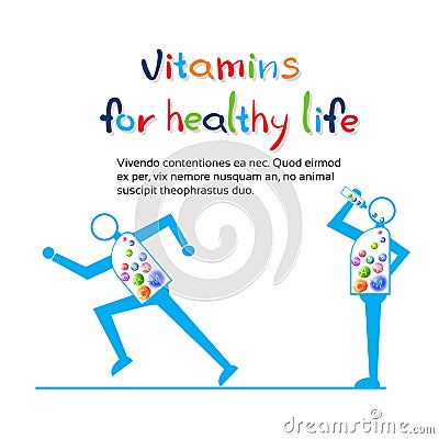 Strong Cartoon Character Run, Eat Vitamins Healthy LIfe Banner With Copy Space Vector Illustration