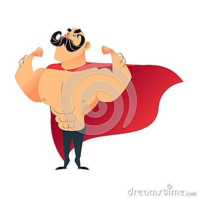 Strong cartoon funny superhero. Power super hero man with cape. Flat vector athlete character. Muscular brutal athletic Vector Illustration