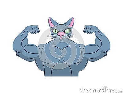 Strong cat. Power animal bodybuilder. Pet with big muscles. Embl Vector Illustration