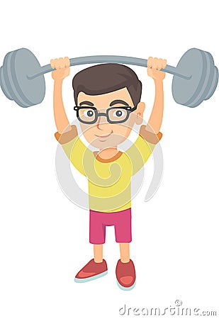 Strong caucasian boy lifting heavy weight barbell. Vector Illustration