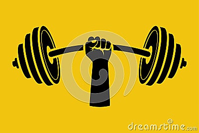 Strong concept. Black silhouette barbell in hands icon Cartoon Illustration