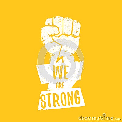 We are strong concept illustration with a white silhouette raised fist in the air isolated on orange background Vector Illustration