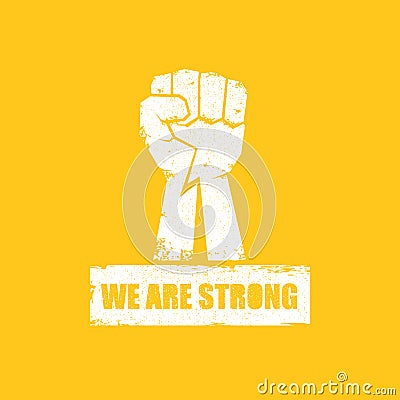 We are strong concept illustration with a white silhouette raised fist in the air isolated on orange background Vector Illustration