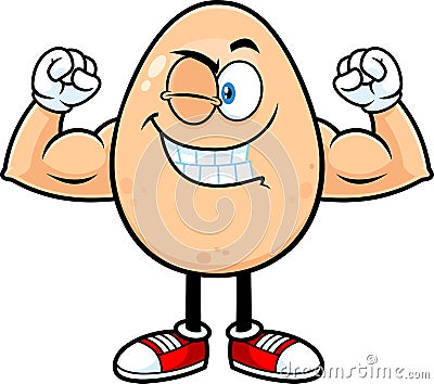 Strong Egg Cartoon Character Winking And Showing Muscle Arms Vector Illustration