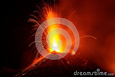 Great eruption on Etna volcano with incandescent lava explosion and lava flow Editorial Stock Photo