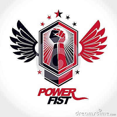 Strong fist of an active sportsman vector symbol created using eagle wings and stars. Vector Illustration