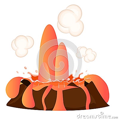 Strong Flow of Effluent Red-hot Lava, White Clouds Vector Illustration