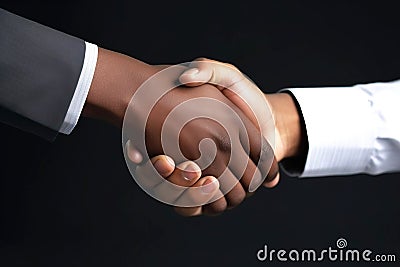 Strong friendly partnership business handshake of two male hands, dark background isolate. Stock Photo