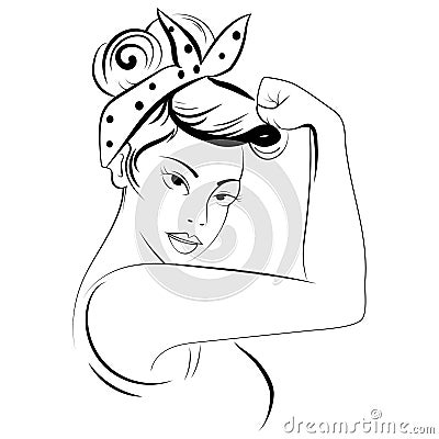 Strong girl in eyeglasses. Classical american symbol of female power, woman rights, protest, feminism. Black and white Vector Illustration