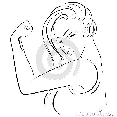 Strong girl in eyeglasses. Classical american symbol of female power, woman rights, protest, feminism.Black and white Vector Illustration