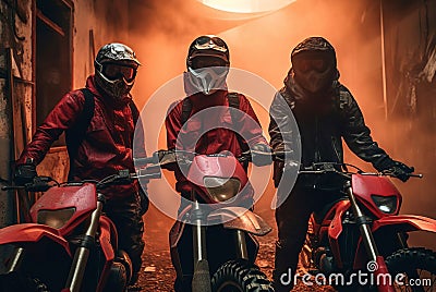 Strong groups of three equipped motocross bikers. Generate ai Stock Photo